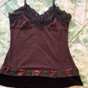Brown Velvet Lace and Sequence Tank Top